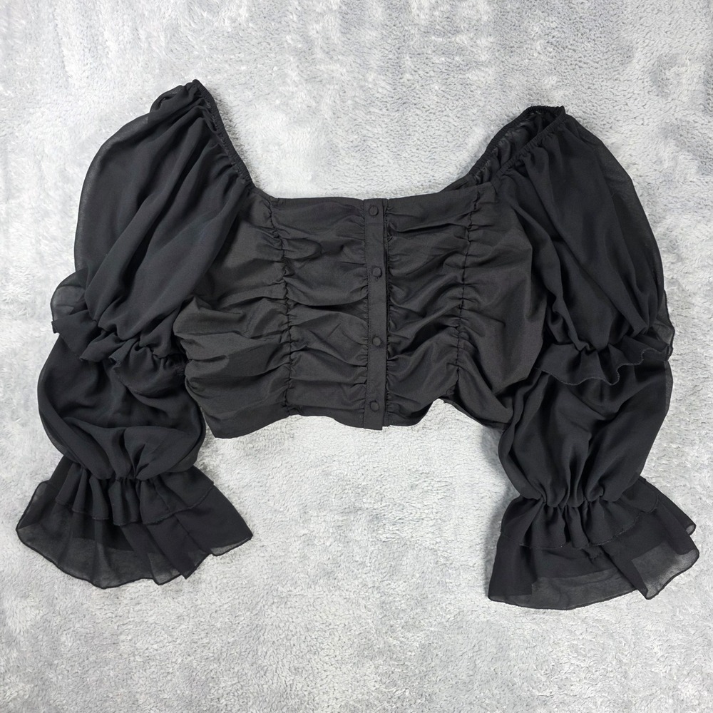 Boohoo Ruched Chiffon Puff Sleeve Crop Top Black Size 10 Peasant Witchy Milkmaid